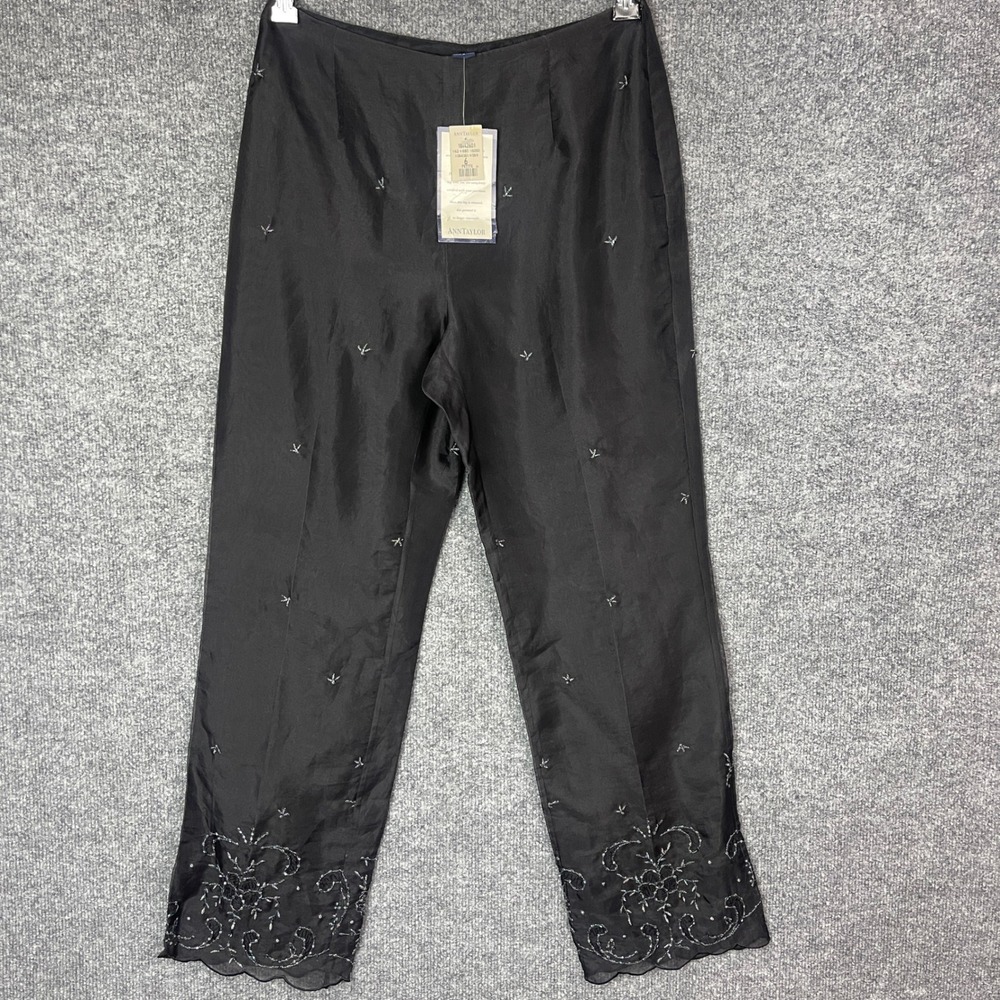 NEW Ann Taylor Dress Pants Womens 6P Black Silk Beaded Scalloped Hem Evening